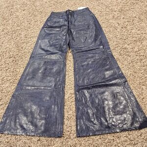 FRAME Le Palazzo Lambskin Leather Wide Leg Pants Deep Sea Blue 28 streetwear